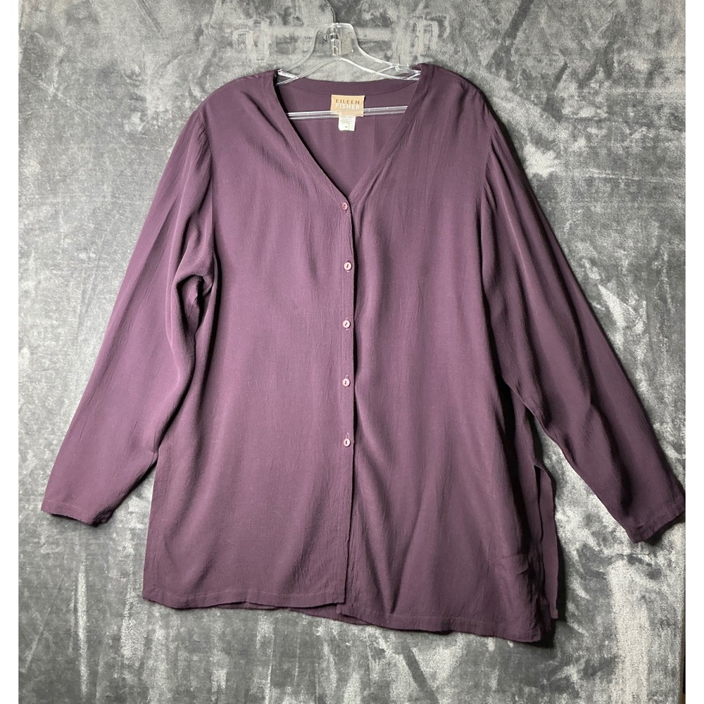 Eileen Fisher Women Medium Plum Purple Crepe V-Neck Long Sleeve Button Tunic Top